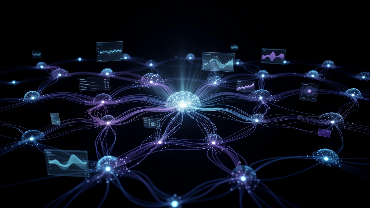 Futuristic dark digital network showing interconnected keyword clusters and a central authority hub representing semantic SEO, LSI keywords, and topical authority- MySEOKingTool